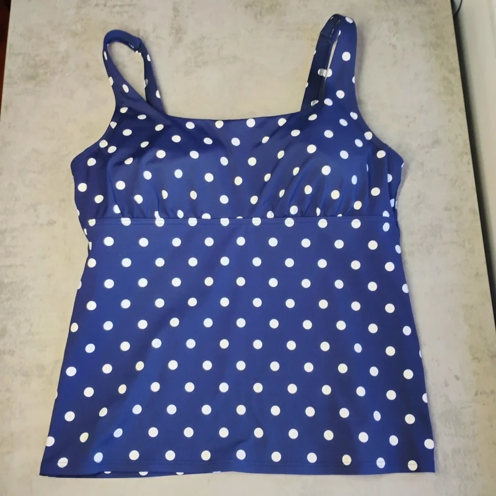 Lands End Women's Tankini Top Size 10 DD Polka Navy Blue Underwire Removable Pad